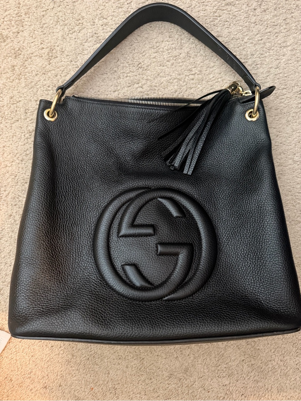 Gucci Black Pebbled Leather Shoulder Bag with Tassel